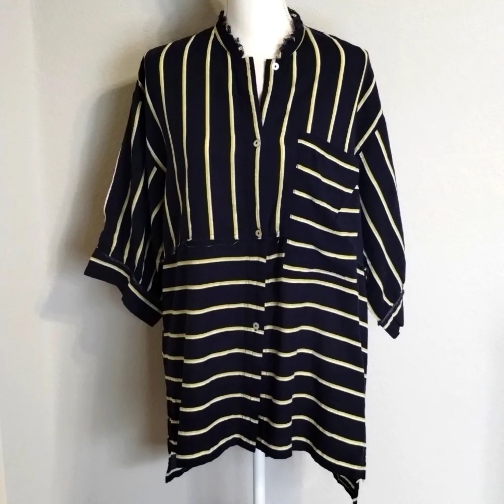 Free People Intimately Navy Yellow White Buttondown Short Sleeve Oversized Small
